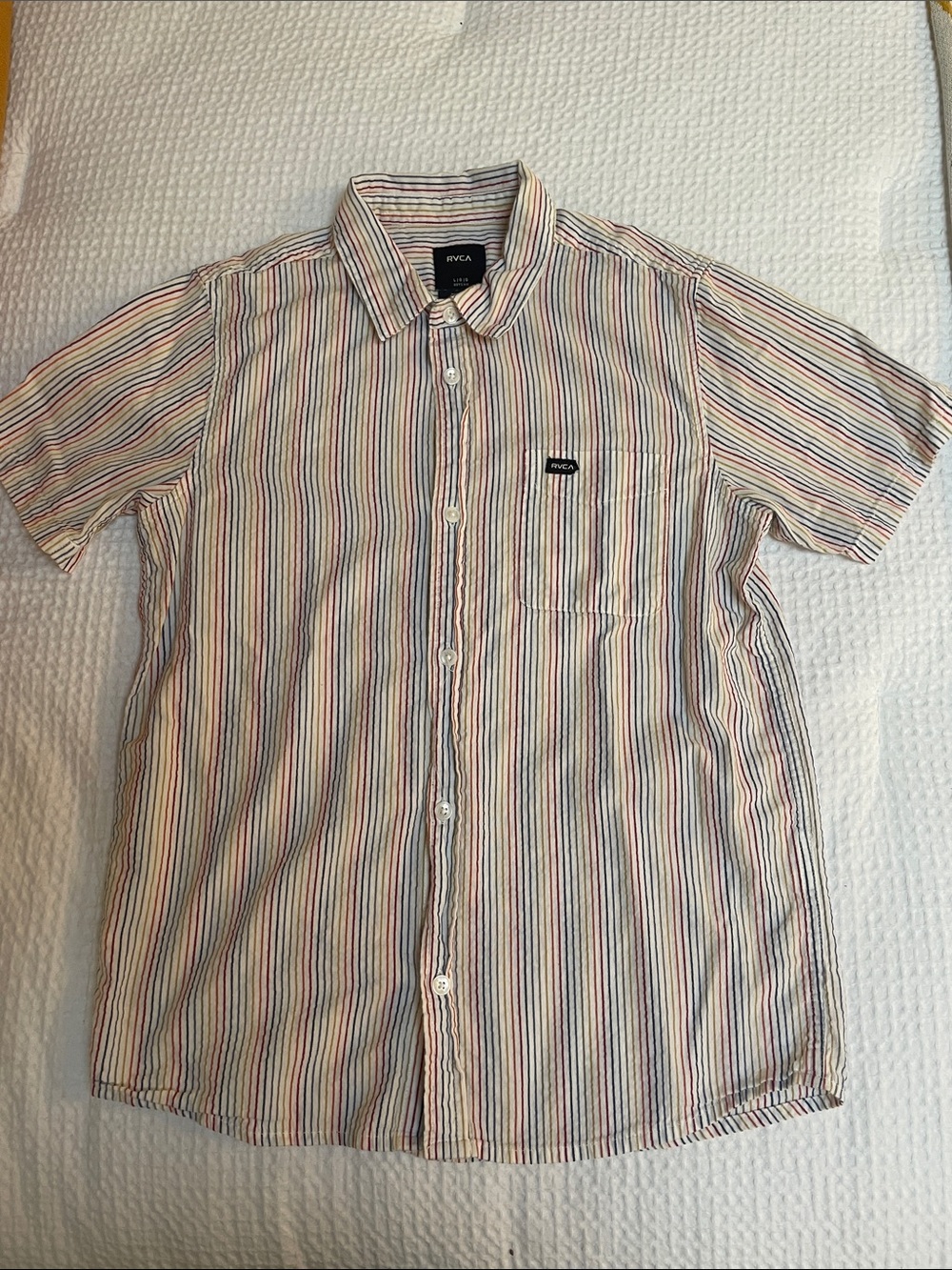 RVCA Boy’s L Short-Sleeve Striped Button-Down Shirt — cotton linen